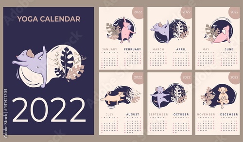 Calendar 2022. Yearly calendar. concept design - Yoga for pets. Set of templates for 12 months 2022 with cute dogs meditating, doing yoga and fitness. Vector. 6 pages of 2 months A4 size and cover