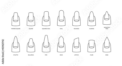 Nail shapes in black line with inscriptions, vector illustration isolated.
