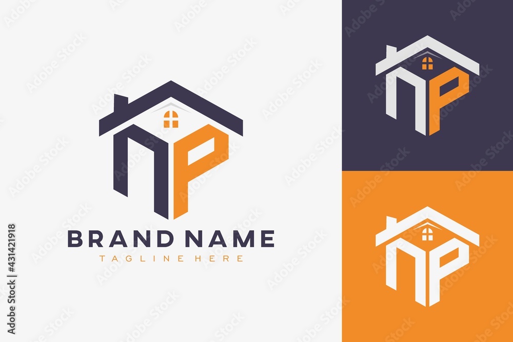 hexagon NP house monogram logo for real estate, property, construction business identity. box