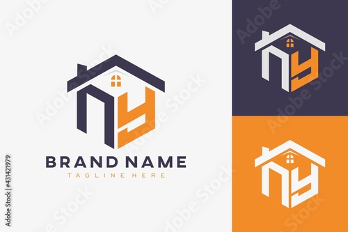 hexagon NY house monogram logo for real estate, property, construction business identity. box shaped home initiral with fav icons vector graphic template