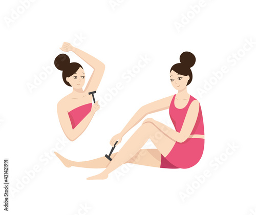 Women shaving legs and armpits with razor, flat vector illustration isolated.