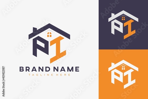 hexagon PI house monogram logo for real estate, property, construction business identity. box shaped home initiral with fav icons vector graphic template