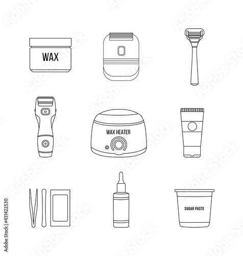 Wax hair removal and shaving tools set, black line vector illustration isolated.