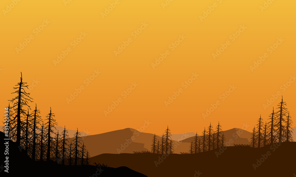 Naklejka premium Stunning evening sky color with mountain views and beautiful silhouettes of dry trees from the suburbs. Vector illustration