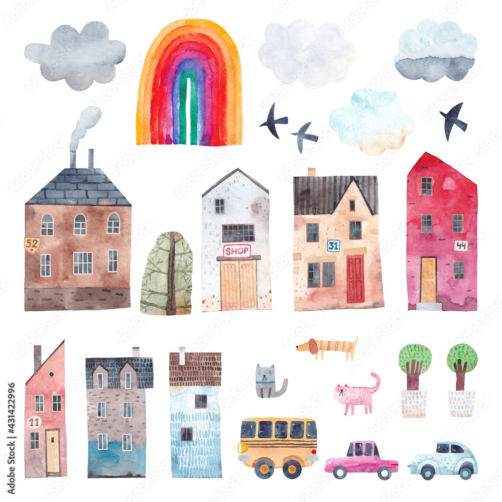 Cute set of houses, cars, clouds, animals and clouds. Watercolor illustration.