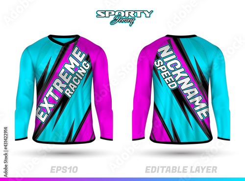 Long sleeve sports racing suit. Front back t-shirt design. Templates for team uniforms. Sports design for football, racing, cycling, gaming jersey. Vector.
