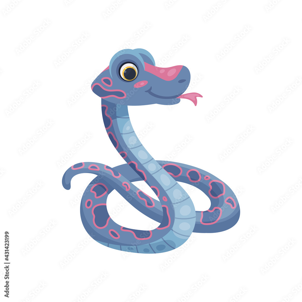 Fototapeta premium Blue snake character curled up in a ball, flat vector illustration on white.