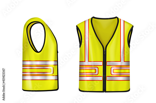 Yellow safety vest with reflective stripes, uniform for construction works, drivers and road workers. Vector realistic 3d waistcoat with reflectors in front and side view isolated on white background