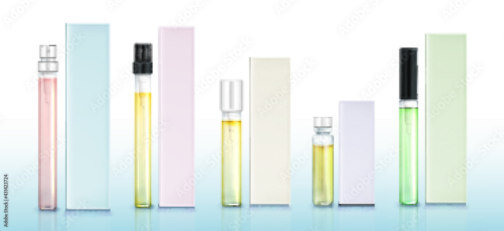 Perfume sample bottles and boxes mockup set, fragrance in small vials with pumps and bungs. Beauty aroma products, cosmetics scent and package, perfumery collection Realistic 3d vector illustration Perfume sample bottles and boxes mockup set, fragrance in small vials with pumps and bungs. Beauty aroma products, cosmetics scent and package, perfumery collection Realistic 3d vector illustration