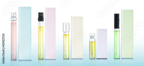Perfume sample bottles and boxes mockup set, fragrance in small vials with pumps and bungs. Beauty aroma products, cosmetics scent and package, perfumery collection Realistic 3d vector illustration