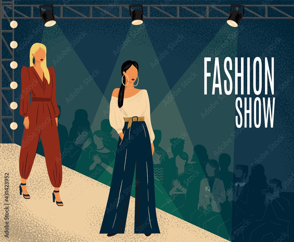 Vettoriale Stock Fashion show concept vector illustration. Hand drawn fashion  week poster with models on a catwalk podium. Woman in different design  dress. Female clothes design collection | Adobe Stock
