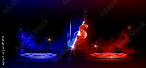 Versus VS sign with blue and red empty podiums or pedestals, glow sparks and smoke on black background. Sport confrontation, martial arts combat, fight competition or challenge, Realistic 3d vector