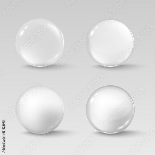 Glass transparent spheres shiny circle beads and precious pearl with soft shadows