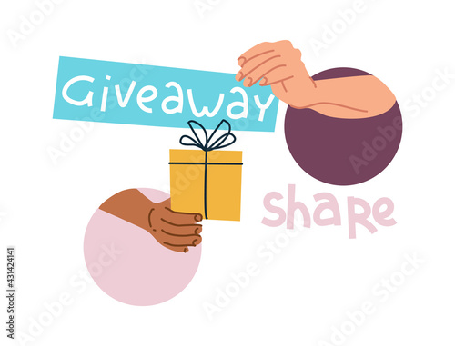 Giveaway gift. Blogger gives presents to subscribers and winners of contests. Arms hands over holiday box. People anonymously share surprises. Vlogger promotion. Vector receiving prizes