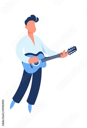 Guitar player. Cartoon guitarist playing music. Man holding string acoustic instrument. Cute performer. Musician standing on stage. Jazz or rock band singer. Vector musical festival