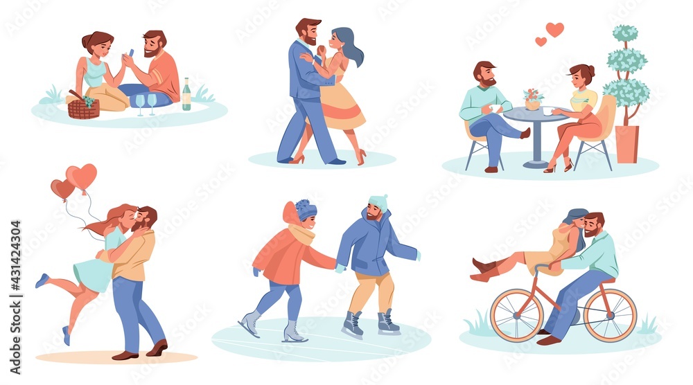 Dating couple. Romantic boy and girl spend time together. People in love riding bicycle and ice skates. Happy persons hugging or dancing. Pair of lovers eating in cafe, vector scenes set Dating couple. Romantic boy and girl spend time together. People in love riding bicycle and ice skates. Happy persons hugging or dancing. Pair of lovers eating in cafe, vector scenes set