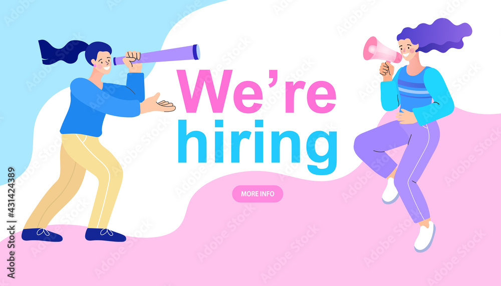 Find people employer business concept. We're Hiring Speech. Job hiring and online recruitment. Human resources. HR with binoculars is looking for creative workers.