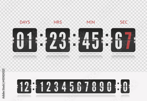 Analog airport board countdown timer with hour and minute flip number. Vintage flip clock time counter vector template. Scoreboard number font with shadows isolated on white background.