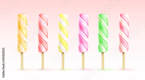 Spiral ice cream, fruit popsicle on wooden stick. Vector realistic set of twisted frozen juice isolated on white background. Summer cold dessert from strawberry, lemon, orange and milk