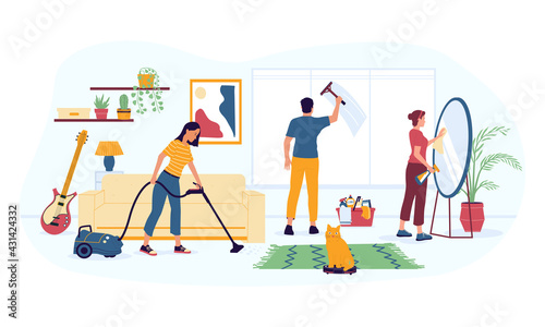 House cleaning. Housekeeping work. Woman vacuuming carpet at home. Man washing window. Girl polishing mirror. People doing homework using cleansers and equipment. Vector maid occupation