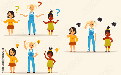 Group of little pensive girls thinking, flat vector illustration isolated.