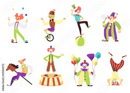 Clowns performing tricks and acrobatics, flat vector illustration isolated.