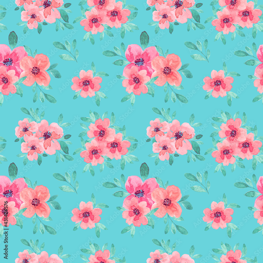 Watercolor pink flowers with leaves on a light turquoise background. Seamless blooming pattern for the design of banners, business cards, brochures, invitations, wrapping paper, gift cards