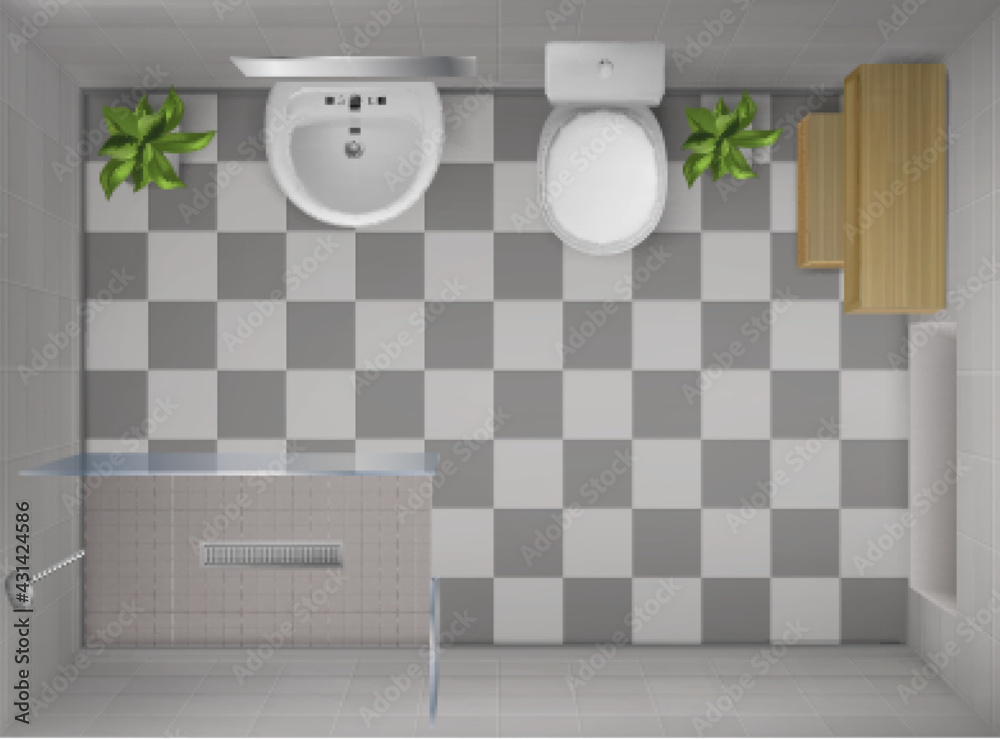 Bathroom interior top view, room with shower with glass wall, toilet