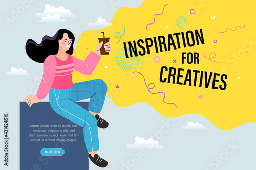 woman got energized inspired and creativity when Drank a cup of Coffee. female office worker, sitting, happy and smiling, thinking and getting idea. 