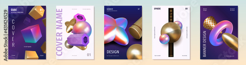 Render shapes posters. Abstract 3D holographic metallic elements. Golden and iridescent geometric figures. Modern covers with minimal composition of cubes or spheres. Vector banners set