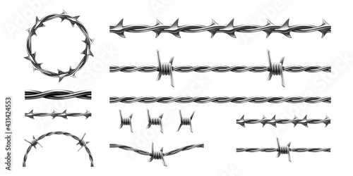 Realistic barbed wire. Prison metal fence elements. 3d military border. Jail protective barrier. Types set of metallic cables with thorns. Vector intertwined of lines, boundary template