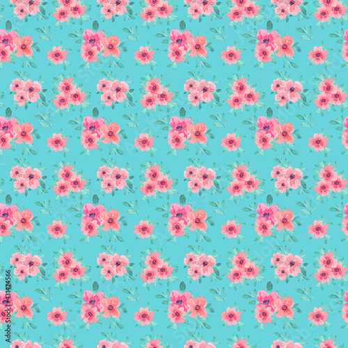 Watercolor pink flowers with leaves on a light turquoise background. Seamless beautiful blooming pattern for banner design, business cards, brochures, invitation cards, wrapping paper, gift cards