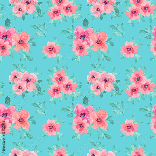 Watercolor pink flowers with leaves on a light turquoise background. Seamless blooming pattern for the design of banners  business cards  brochures  invitations  wrapping paper  gift cards