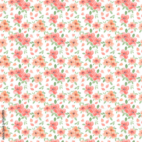 Watercolor peachy delicate flowers with leaves. Seamless spring blooming pattern for banner design, business cards, brochures, invitation cards, wrapping paper, gift cards