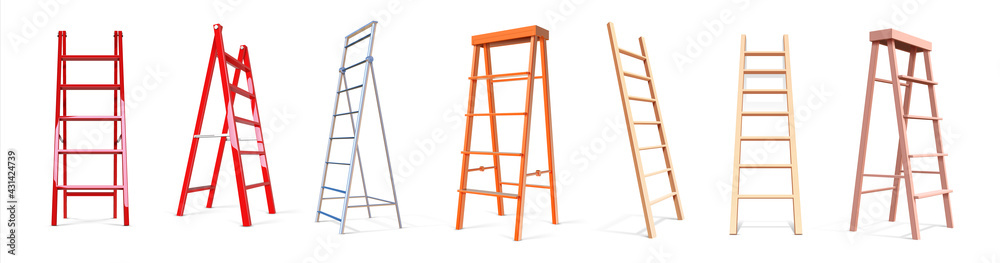 Realistic ladders. Wooden or metal staircase. 3D stepladder. Step construction. Work equipment. Types set of instruments for climbing. Vector development and personal growth concept Realistic ladders. Wooden or metal staircase. 3D stepladder. Step construction. Work equipment. Types set of instruments for climbing. Vector development and personal growth concept