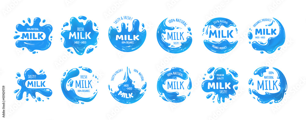 Vecteur Stock Milk splash logo. Dairy products brand badges. Natural drink  stickers with drops. Healthy food branding. Label set of fresh tasty  beverages. Vector blue streams and white lettering | Adobe Stock