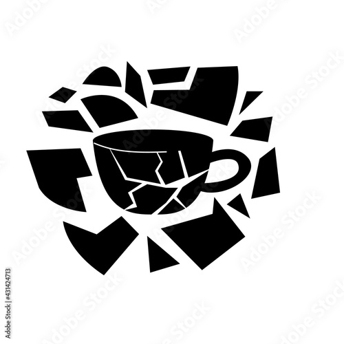 Antique mug kintsugi. The concept of restoration of broken dishes. Black and white clipart. Vector flat illustration on a white isolated background.