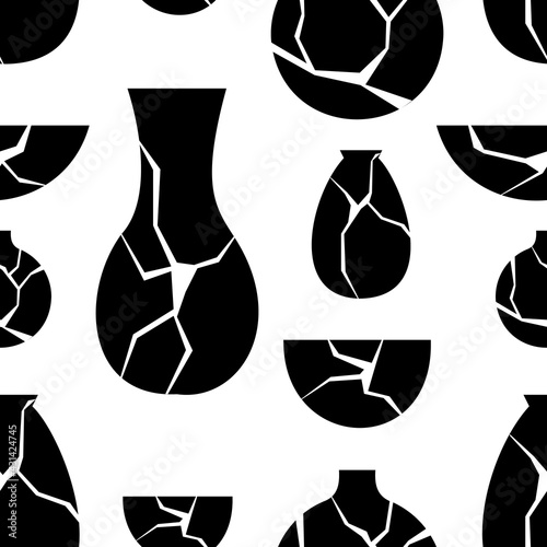 Seamless pattern. Vector illustration of Kintsugi. Black and white Japanese vintage vase in flat style. Restoration of old dishes. A stylish element for your wallpaper, banner, print design.