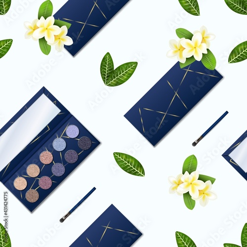 Eyeshadow pattern. Realistic seamless texture of makeup palette with glitter shadows. Opened or closed cosmetic boxes for dry compact colorful pigments. Vector leaves and white flowers