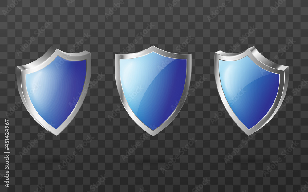 Set of blue glass guard shield with silver frame, sign of security and protection Set of blue glass guard shield with silver frame, sign of security and protection