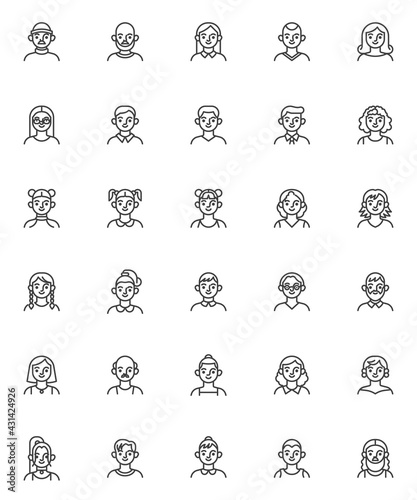 Young people avatar line icons set