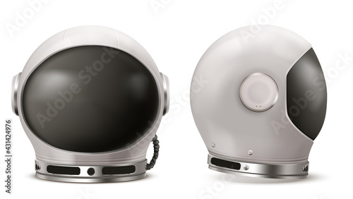 Astronaut helmet with black glass in front and side view. Cosmonaut mask for space exploration and flight in cosmos isolated on white. Vector realistic 3d white suit part for protection spaceman head