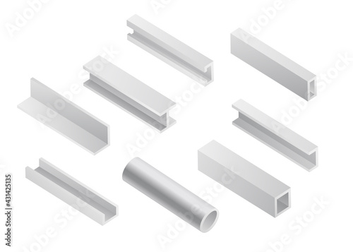 Set of metal beam tubes and pipes for building, steel construction materials.