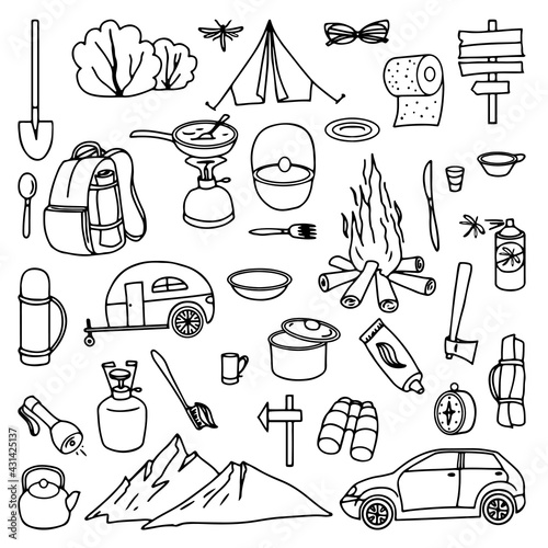 Camping and hiking. Set of elements drawn in outline doodle style. Vector illustration. Design for prints, posters, travel, travel tickets