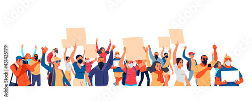 Crowd of protesting people holding banners and placards. Men and women taking part in political meeting, parade or rally. Group of male and female protesters or activists. Flat vector illustration