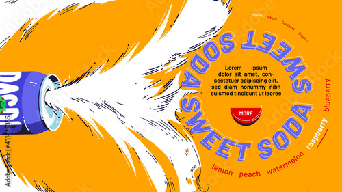 Sweet soda landing page, cold drink promo advert with carbonated beverage splashing out of tin can. Fresh juice or fruit water advertisement campaign, vector web banner in line art cartoon style