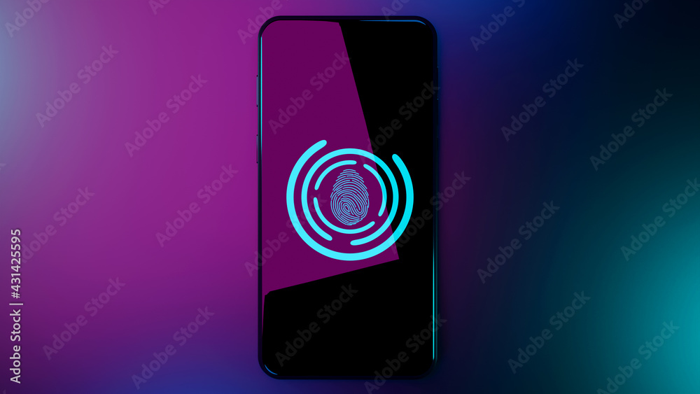 Scanning fingerprint to identify personal on smartphone, Data protection, unlock the device, 3d rendering Scanning fingerprint to identify personal on smartphone, Data protection, unlock the device, 3d rendering