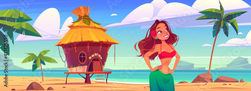 Young woman on beach with hut or bungalow on tropical island resort. Beautiful girl with red flower in hair relaxing at ocean shore with summer shack and palm trees around, Cartoon vector illustration
