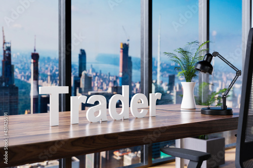 trader; office chair in front of modern workspace and panoramic skyline view; banking investment concept; 3D Illustration photo