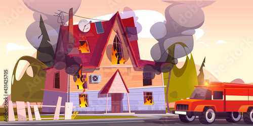 Fire truck at burning house, suburban cottage in flame with long tongues. Dangerous accident at home, firefighters vehicle near blazing countryside building or dwelling, Cartoon vector illustration © klyaksun